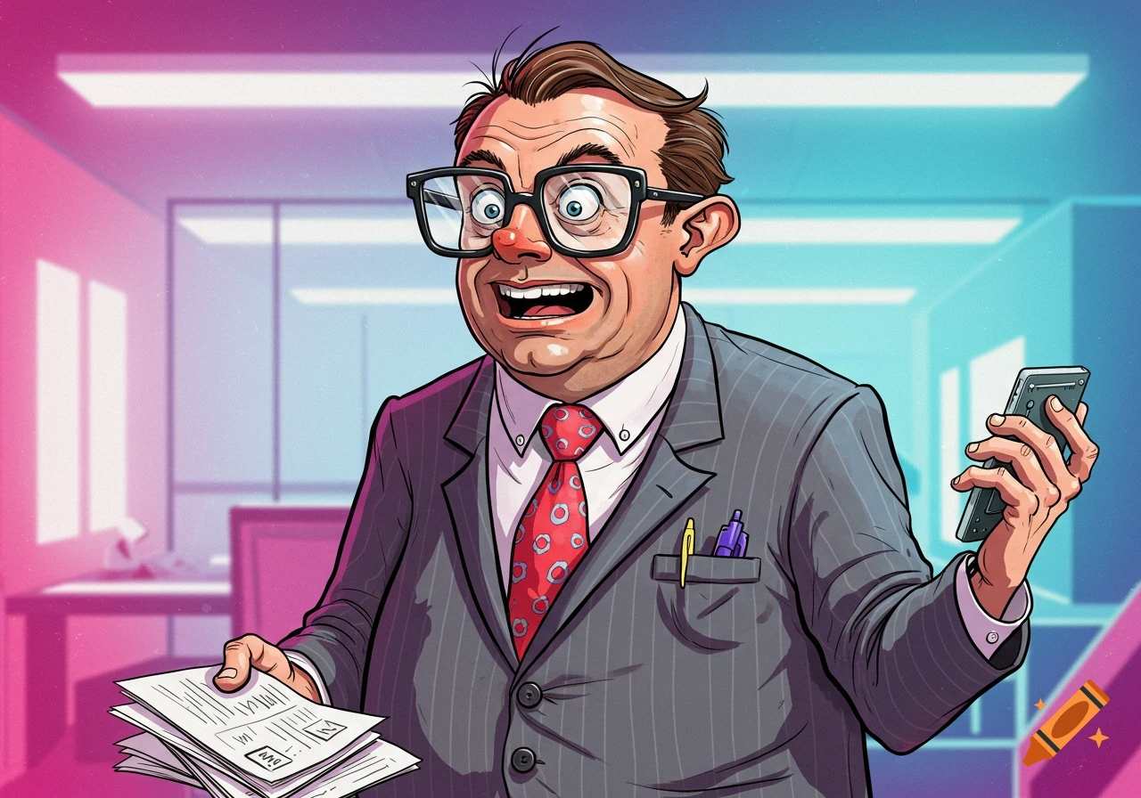 Cartoon illustration of a nerdy businessman in a suit holding papers and a phone in an office.