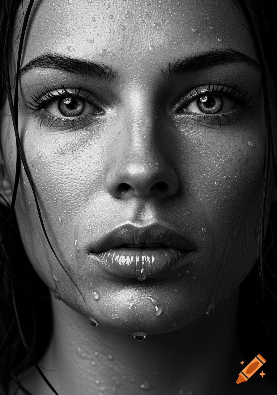 Close-up black and white hyper-realistic portrait of a woman's face with water droplets and textured skin.