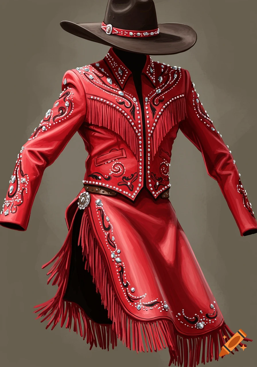 A red western trick riding costume with fringes and embellishments, including a cowboy hat.