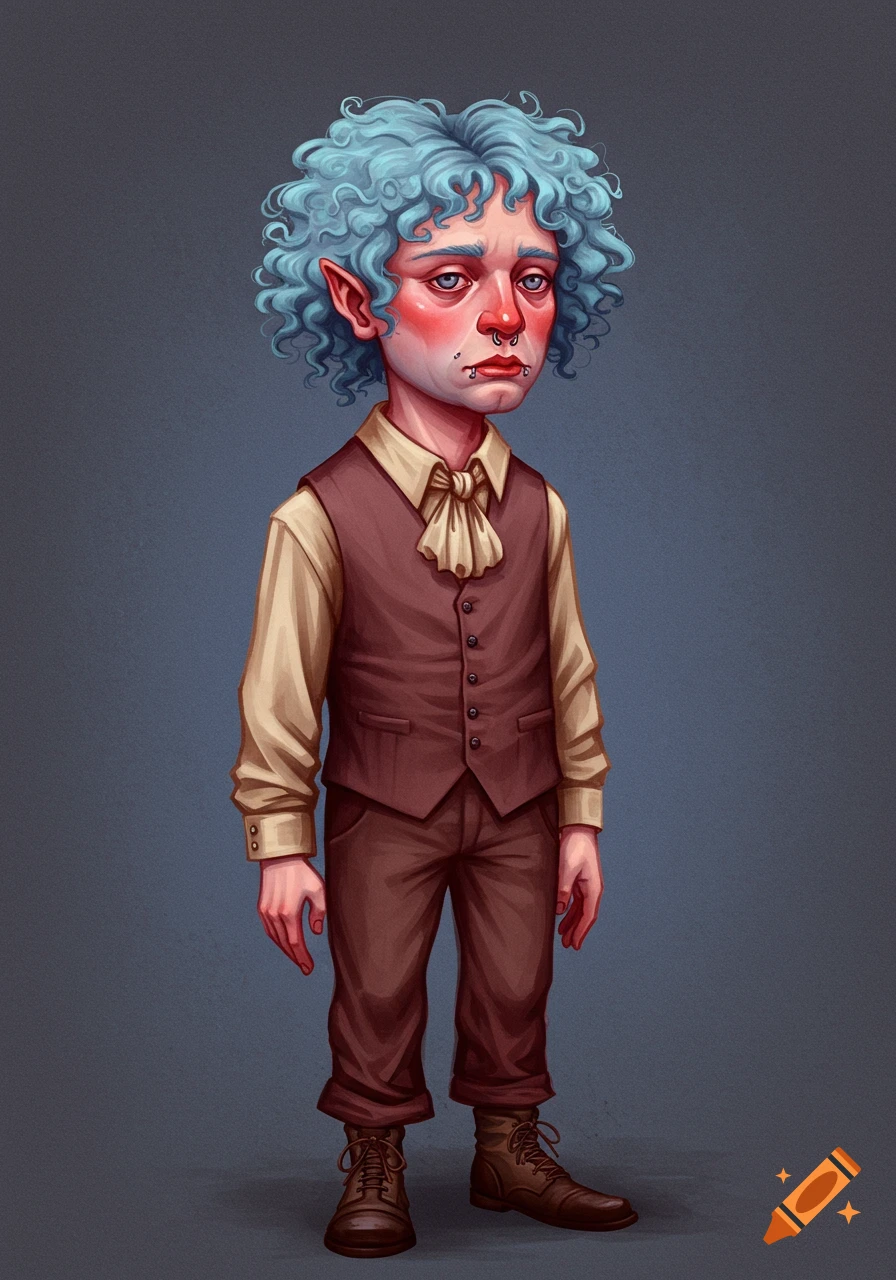 Stylized illustration of a pale-skinned person with blue curly hair, elf ears, facial piercings, wearing a vest and ruffled shirt.