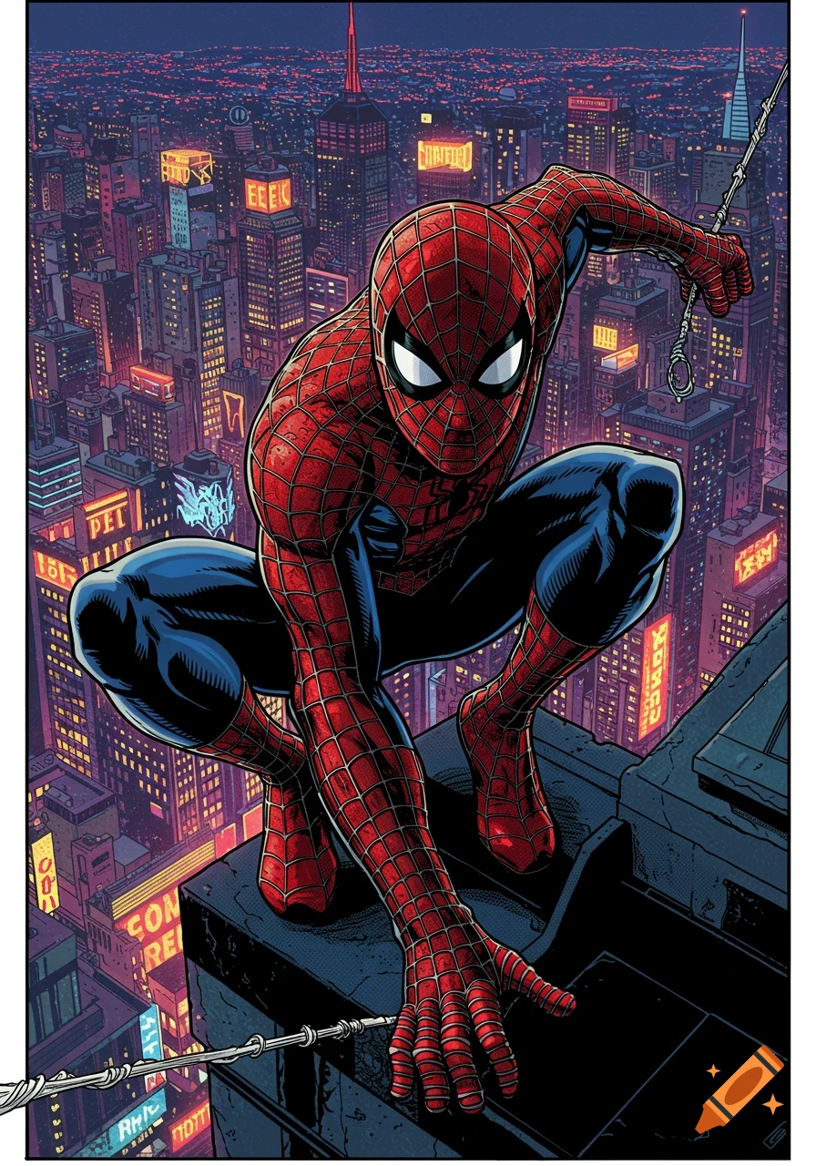 Spider-Man crouches on a rooftop overlooking a neon-lit city skyline at night, comic book style.