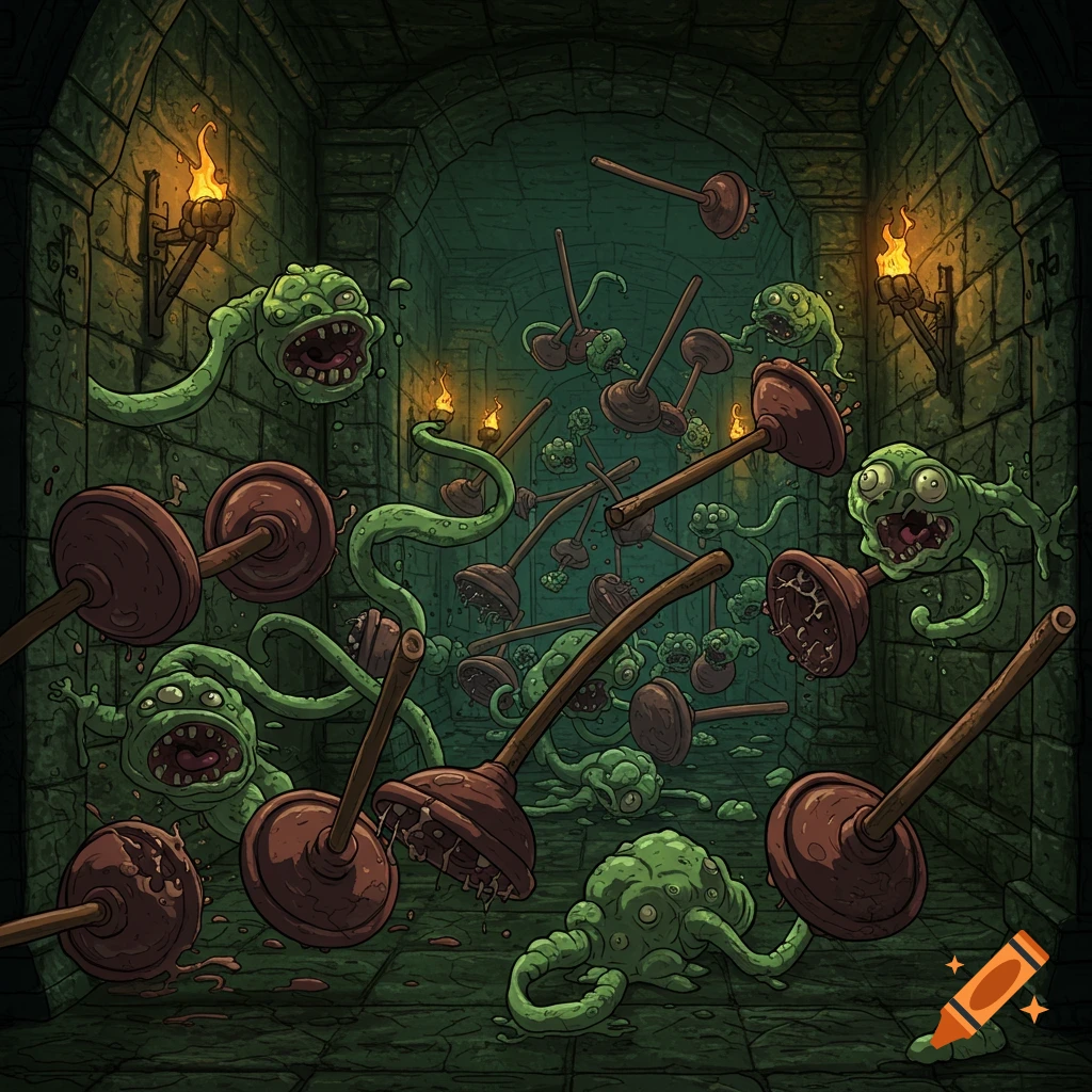 Cartoon monsters attack plungers in a torch-lit dungeon hallway