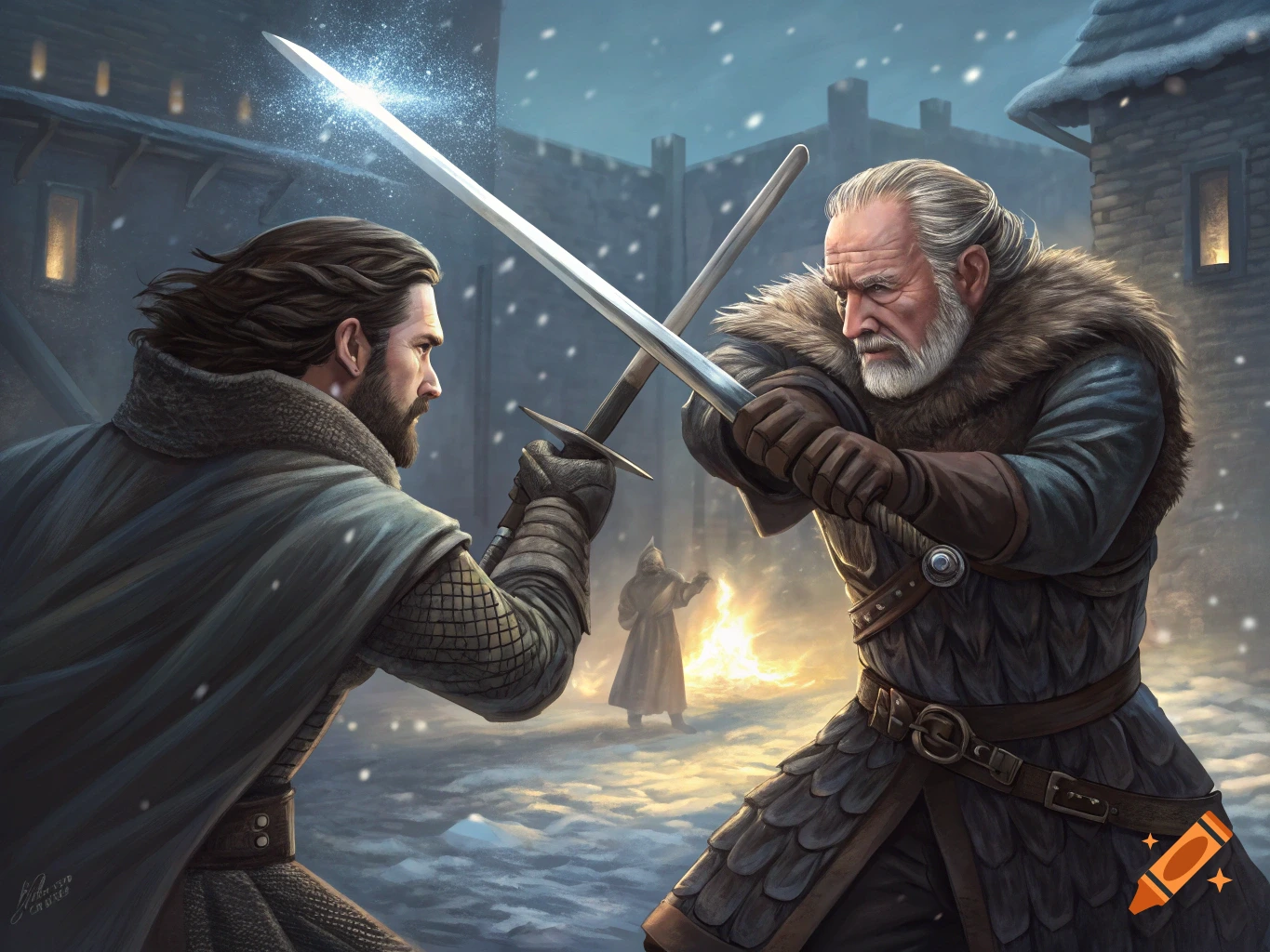 Jon Snow and Ser Davos sword fighting in a snowy castle courtyard.
