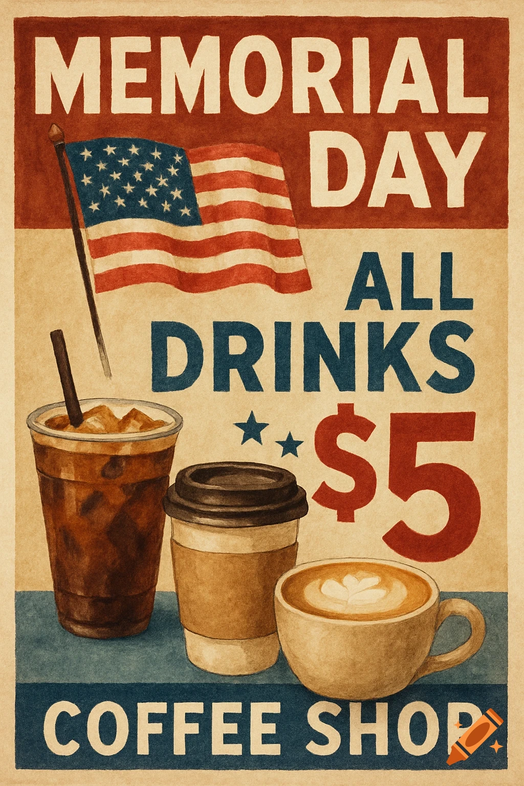 Memorial Day coffee shop sale poster in watercolor style with drinks, US flag, and text.