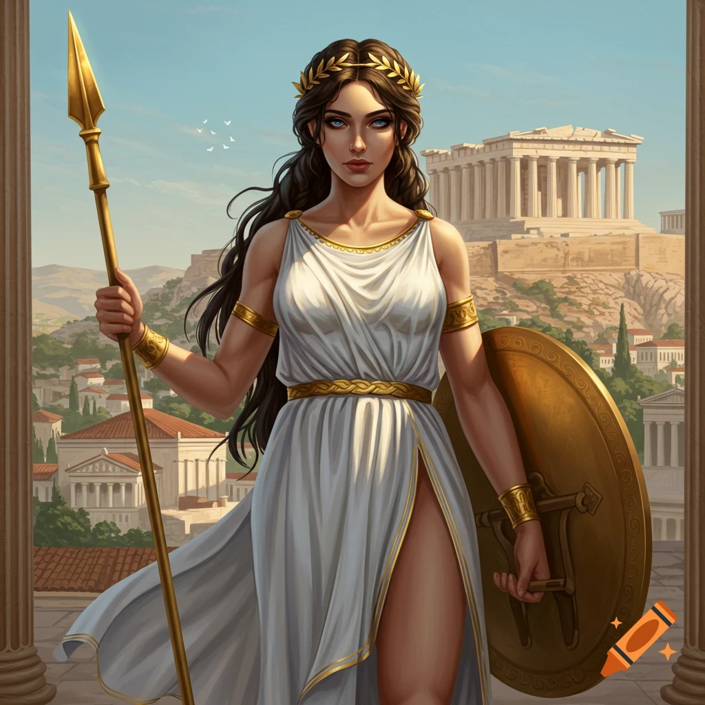 A woman dressed as a goddess in a white and gold dress, holding a spear and shield, in front of the Parthenon.
