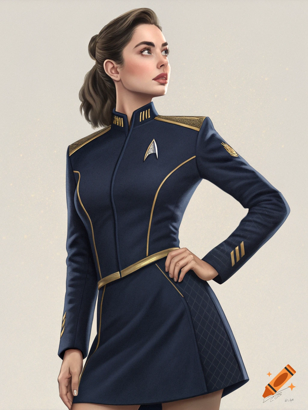 Realistic illustration of a woman in a dark blue Starfleet uniform, looking upwards.