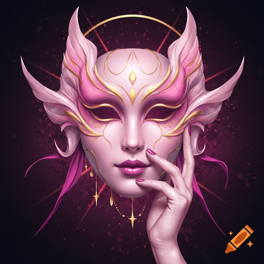 Close-up of a person wearing an elaborate pink and gold fantasy mask with a hand touching the face