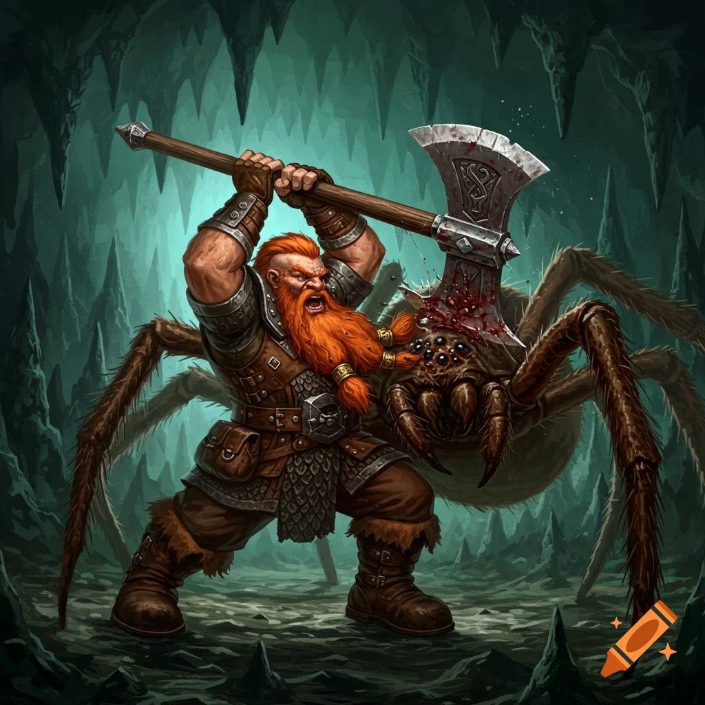 A red-haired dwarf warrior raises a bloody axe to strike a giant spider in a cave.