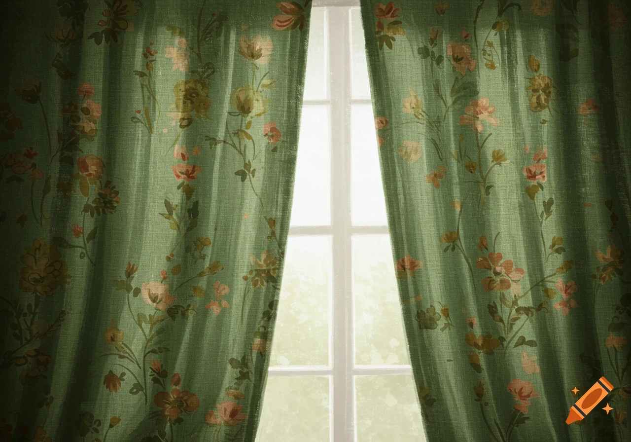 Green vintage floral curtains by a window, painterly style