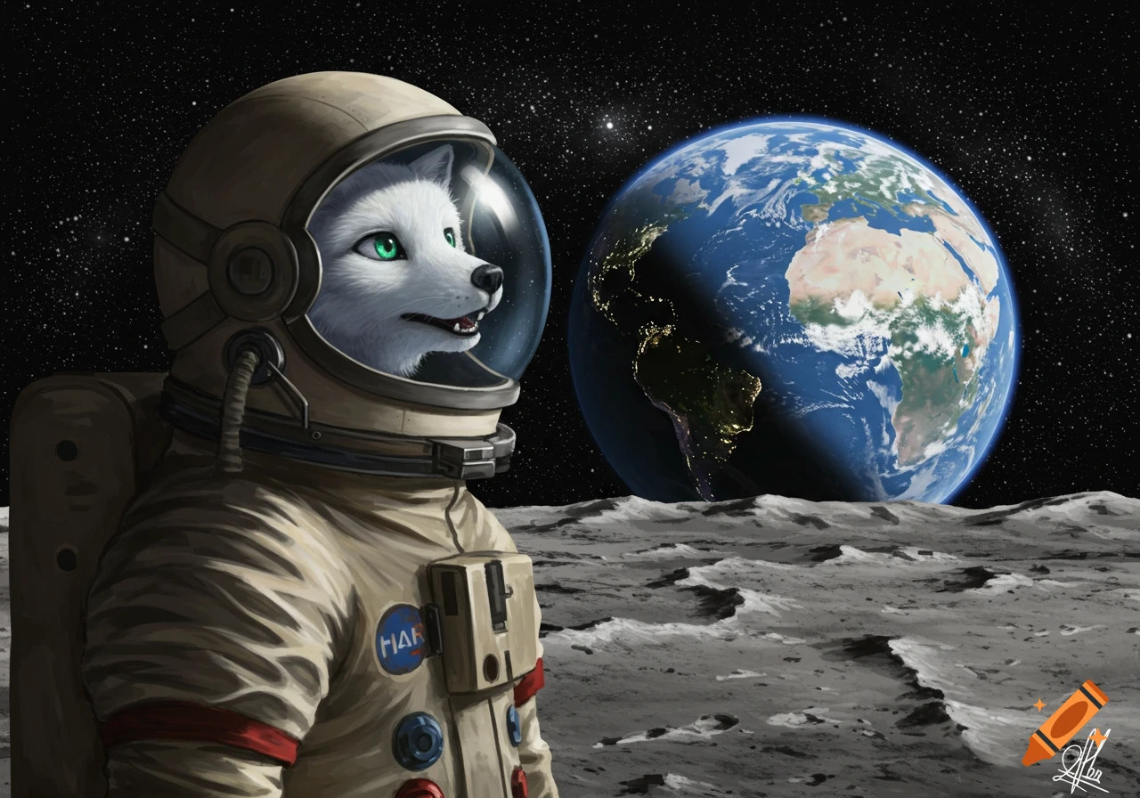 An anthropomorphic arctic fox astronaut on the Moon looks at Earth in the distance.