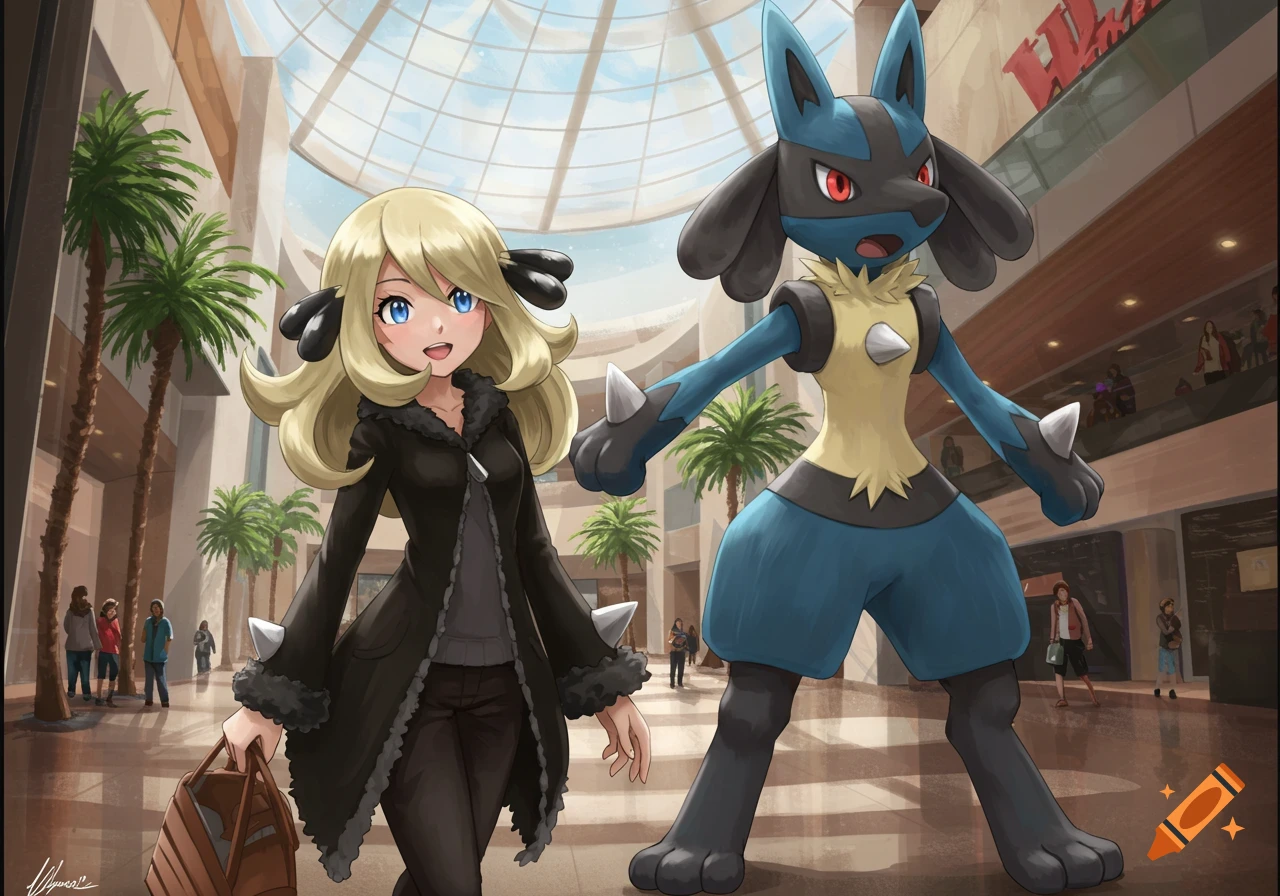 A blonde woman and a Lucario Pokemon stand together in a bright shopping mall.