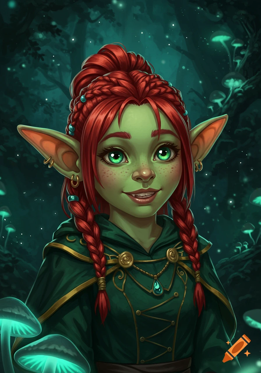 A portrait of a young goblin girl with red braided hair and green eyes in a forest with glowing mushrooms.
