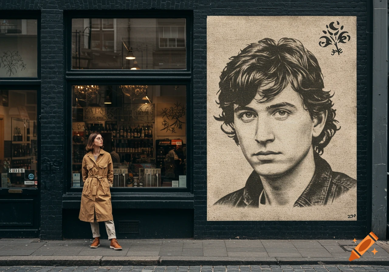A woman stands outside a shop next to a large portrait poster on the wall.