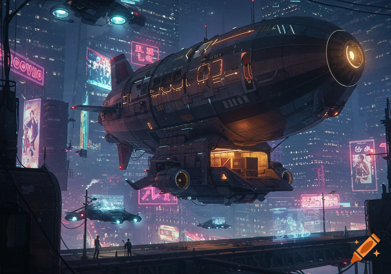 Photorealistic image of a large cargo airship flying over a neon-lit cyberpunk city at night.