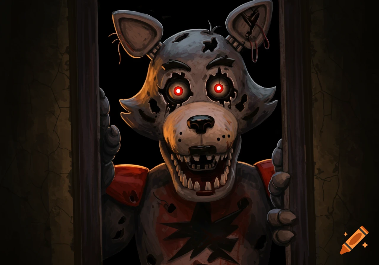 Creepy animatronic wolf with glowing red eyes and sharp teeth peers through a door frame, damaged face, exposed mechanics.