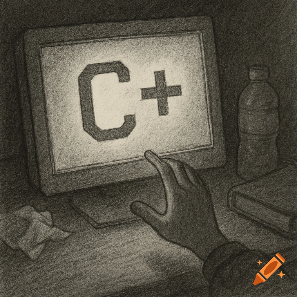 A hand reaches towards a computer screen displaying C+ on a desk with a water bottle, book, and crumpled paper, in a sketch style.