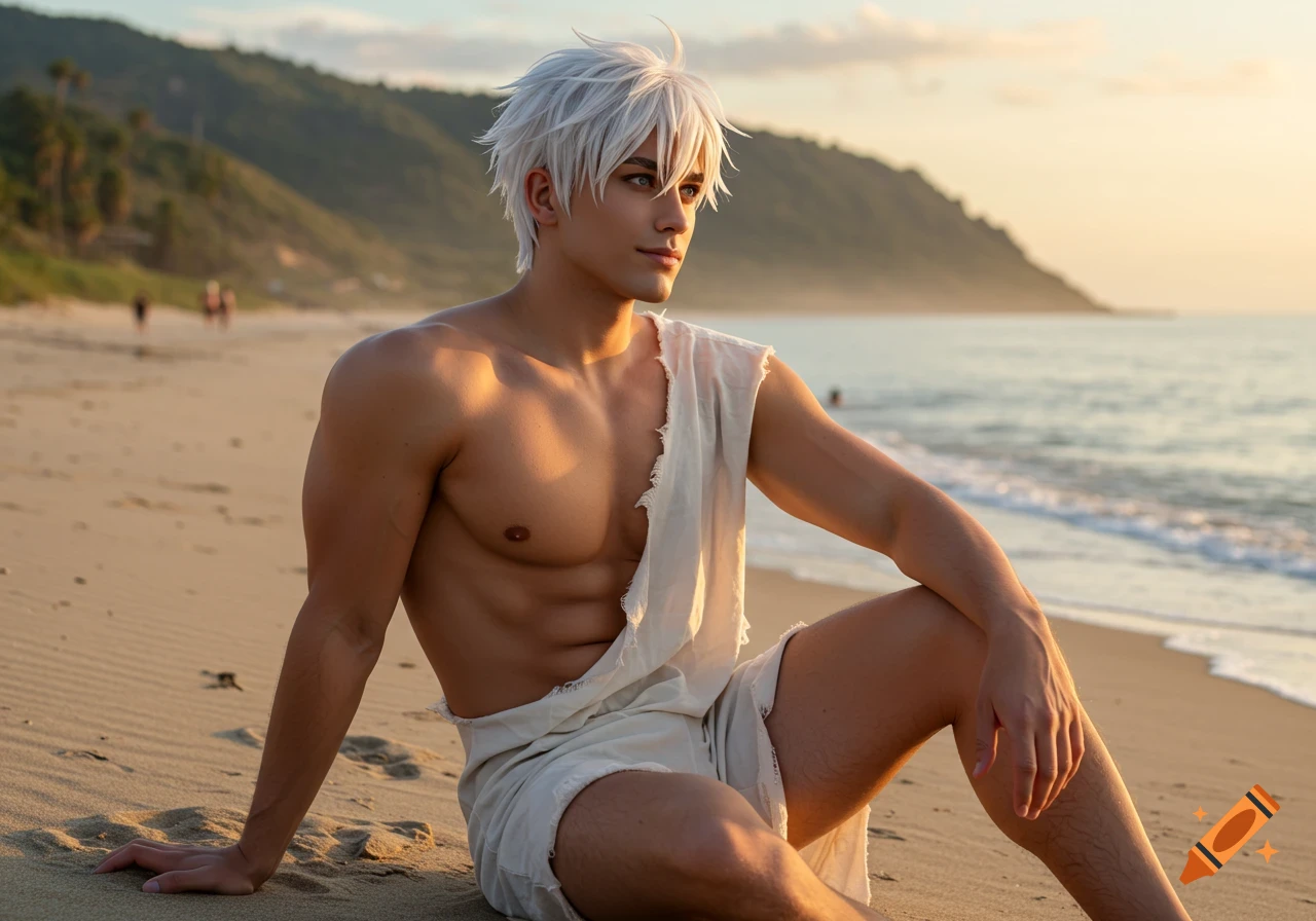 Realistic image of a man with white hair and blue eyes sitting on a sandy beach at dawn, wearing a torn white garment.