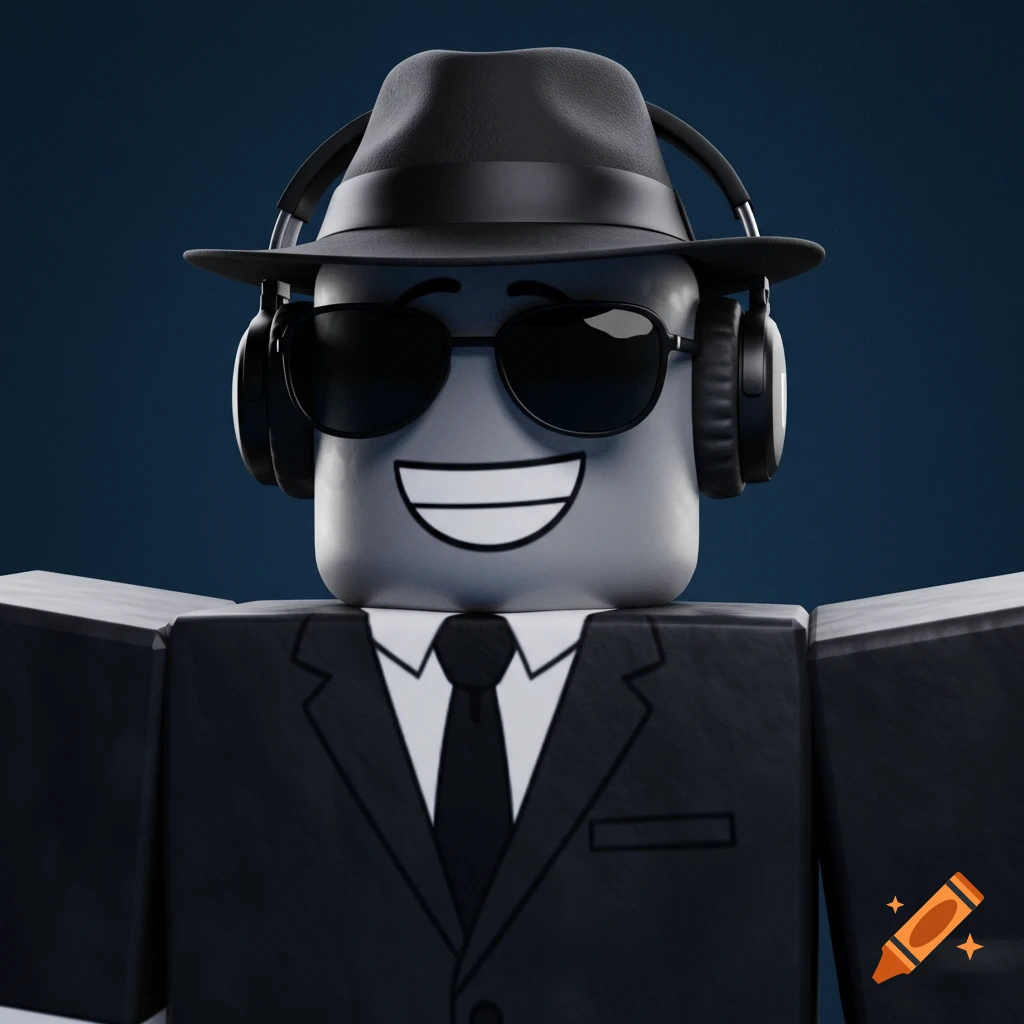 A gray Roblox avatar wearing a black fedora, sunglasses, and headphones, smiling.