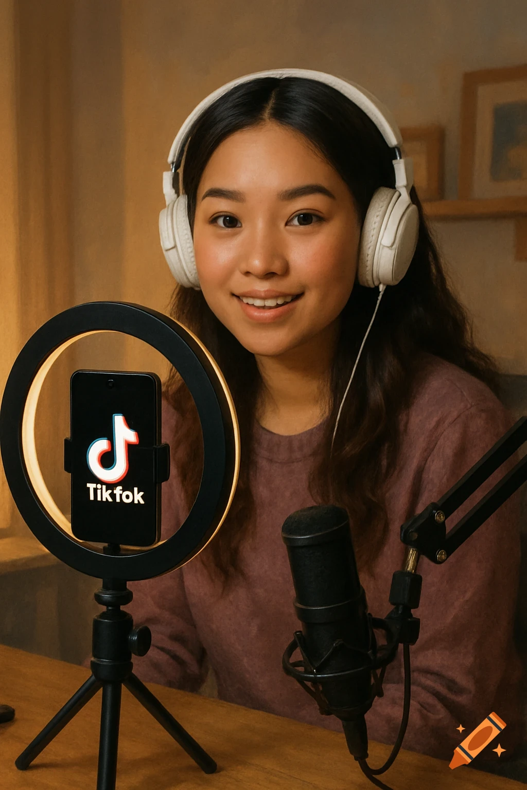 A young woman with headphones and a ring light setup smiles at the camera, with a smartphone displaying the TikTok logo.