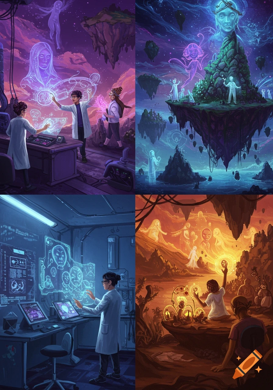 Four panels showing scientists in labs and ethereal figures in magical landscapes.