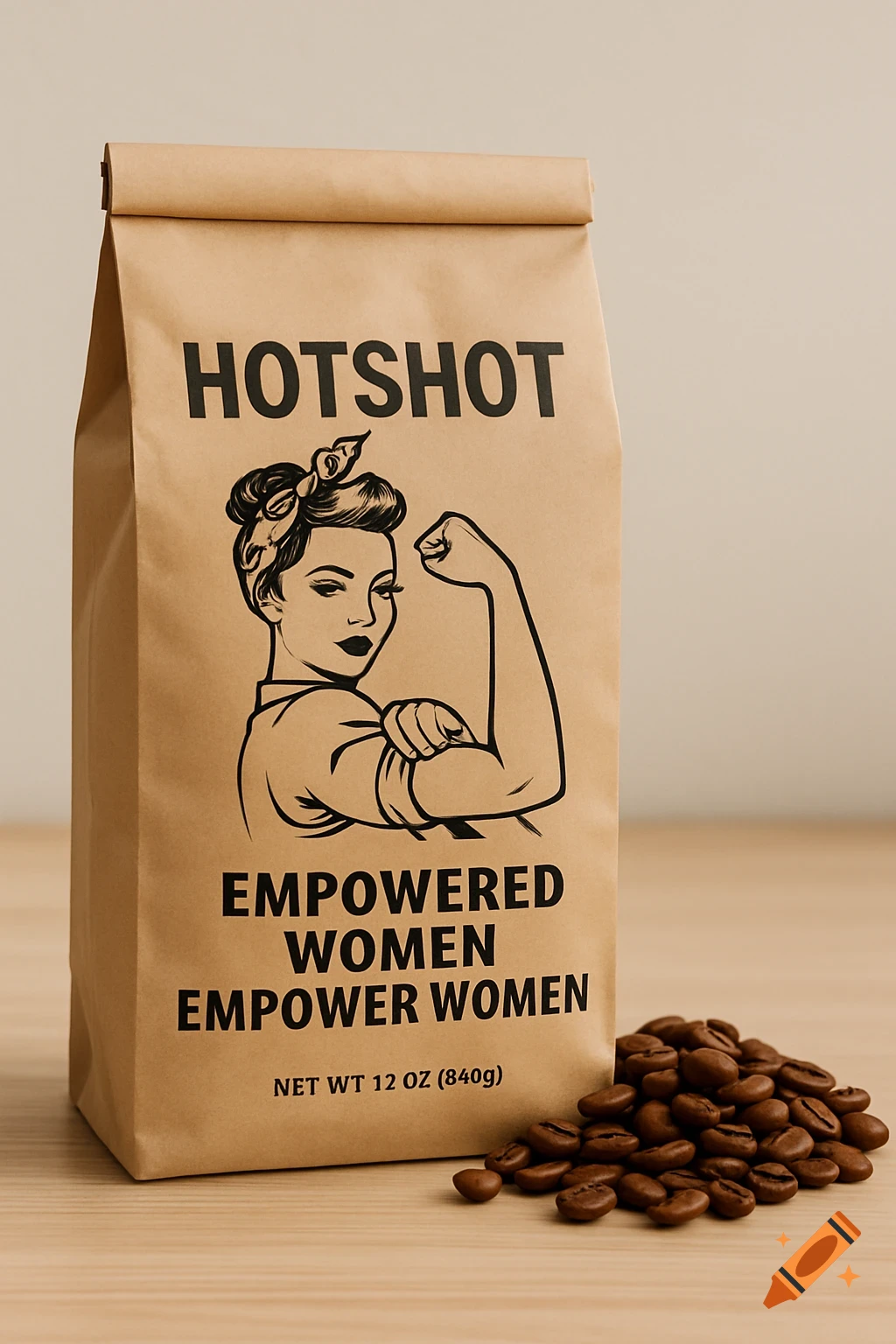 Brown coffee bag with Rosie the Riveter-style illustration and 'HOTSHOT EMPOWERED WOMEN EMPOWER WOMEN' text, next to coffee beans.