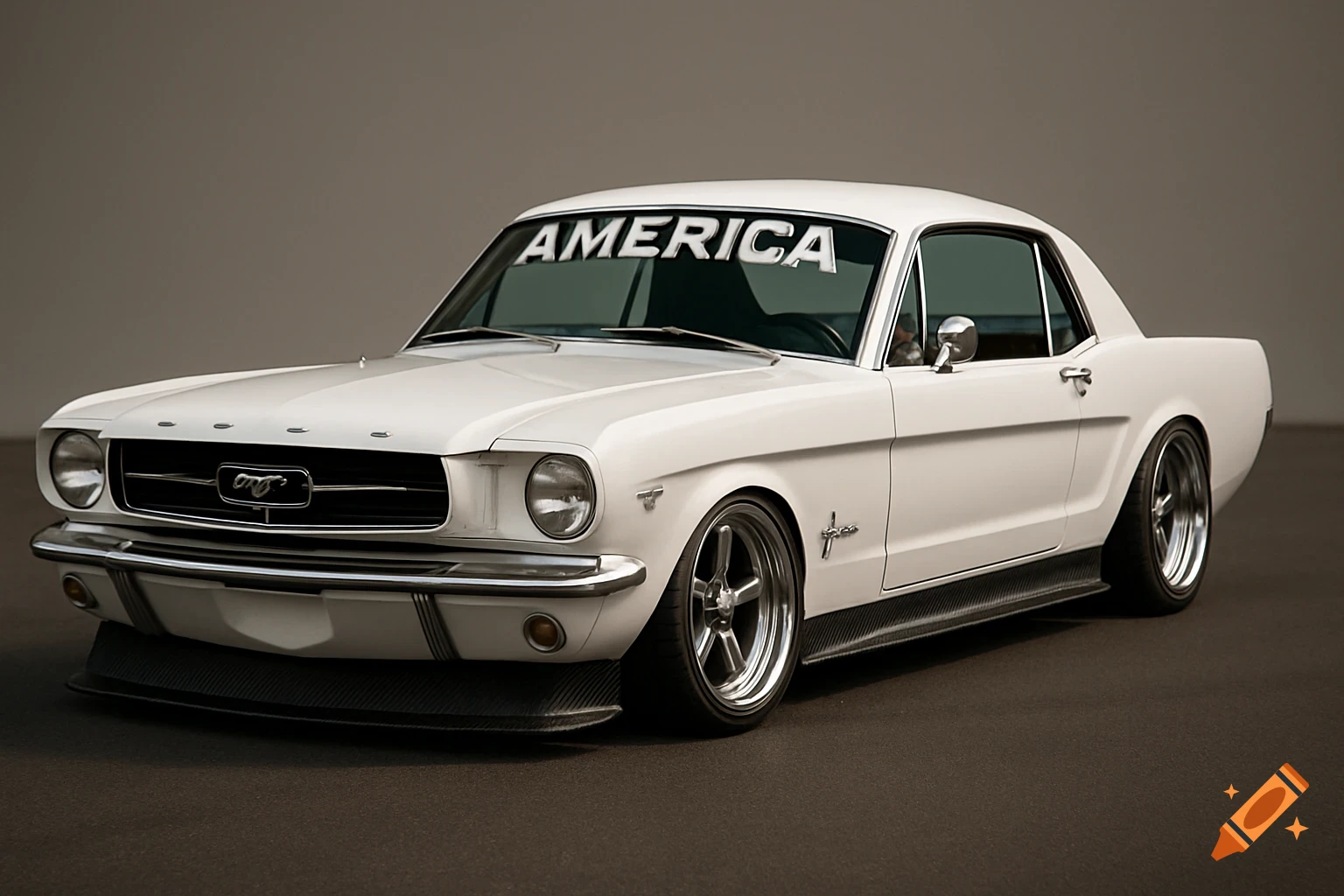 A white 1965 Ford Mustang with chrome wheels, carbon fiber ground effects, and "AMERICA" across the windshield, photorealistic.