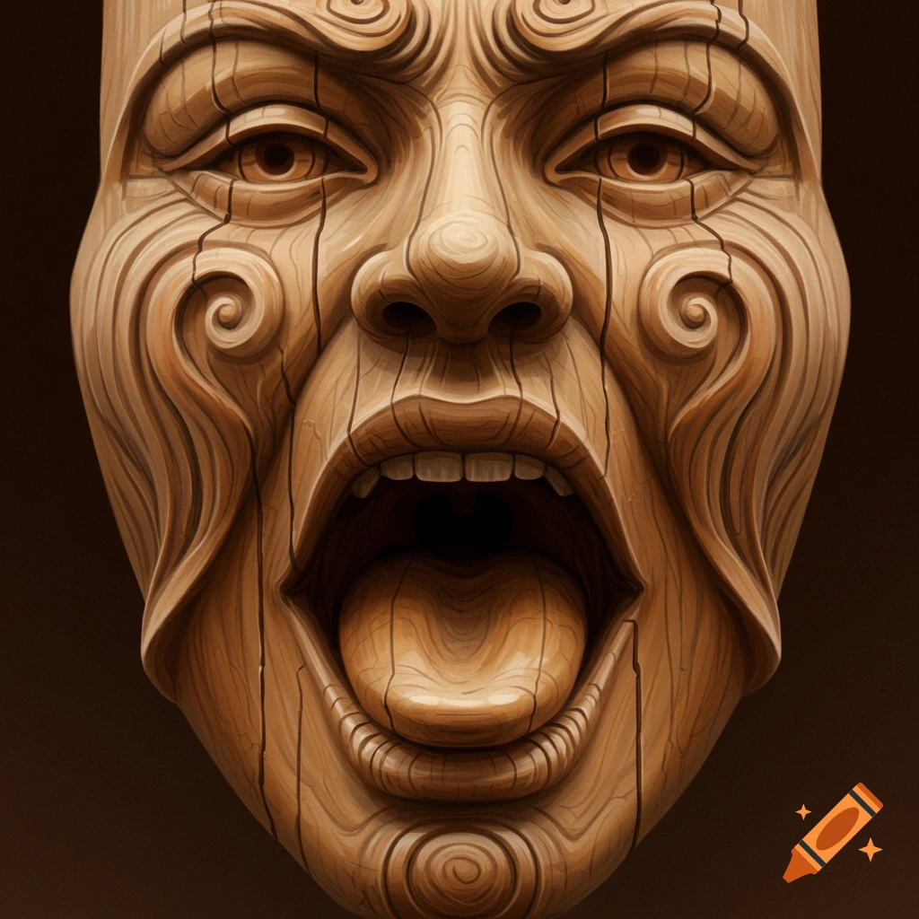 Close-up of wooden mask carved with expressive face, open mouth, visible tongue and teeth, and detailed wood grain texture.