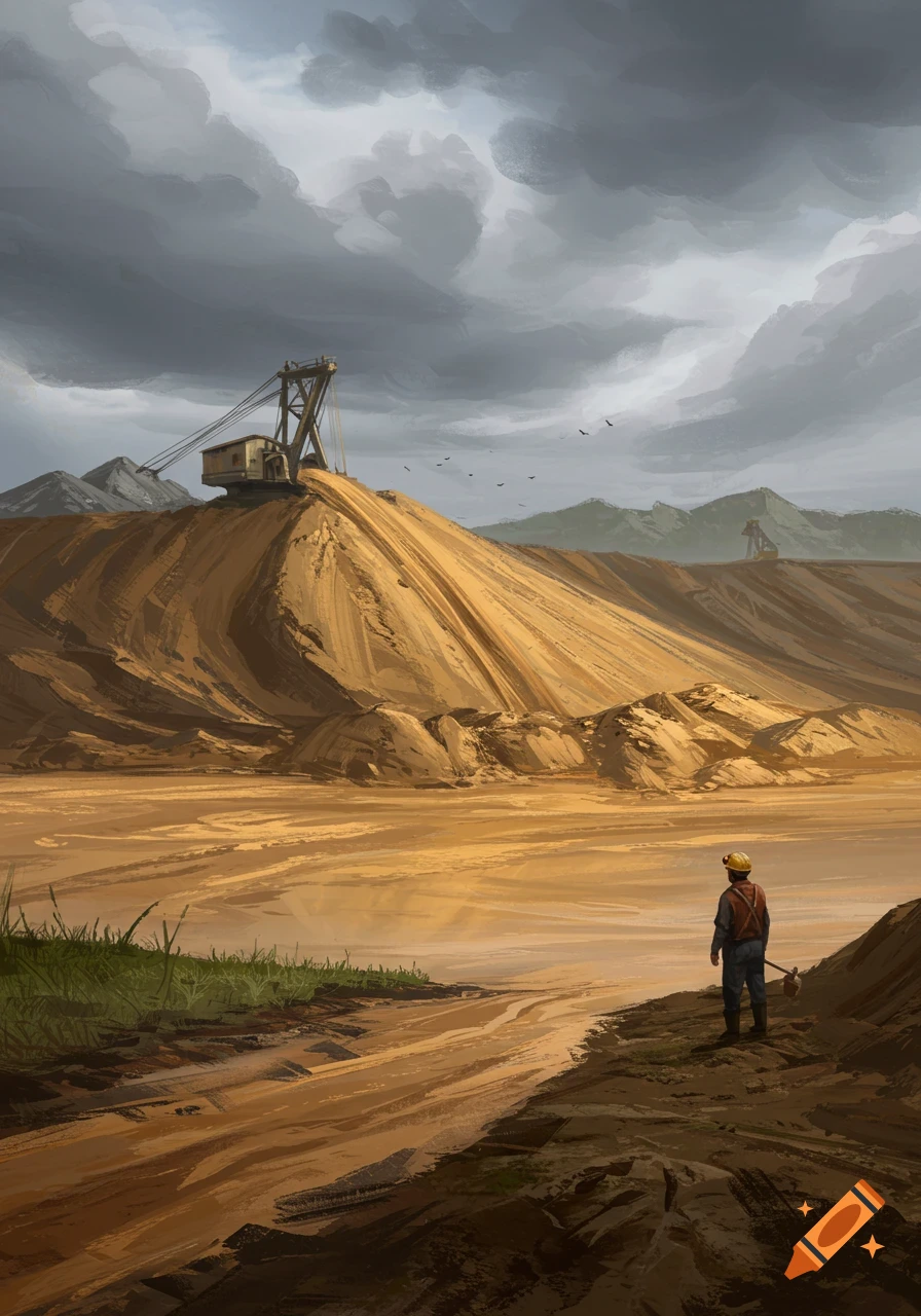 Painterly depiction of a large mining machine on a sand pile, a person standing in the foreground, under a cloudy sky.
