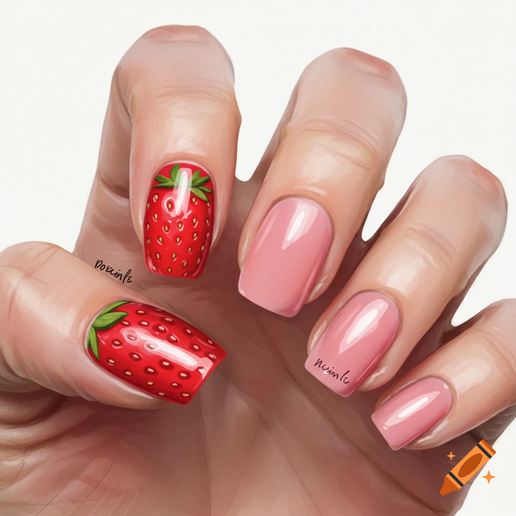 Hand with strawberry and pink nail polish