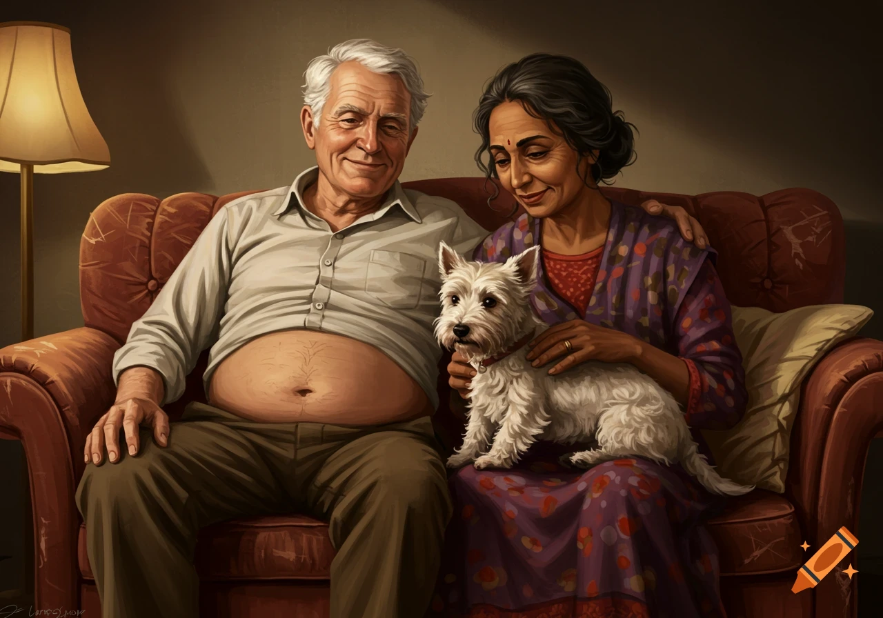 Painting of an old couple sitting on a couch with a small white dog on ...