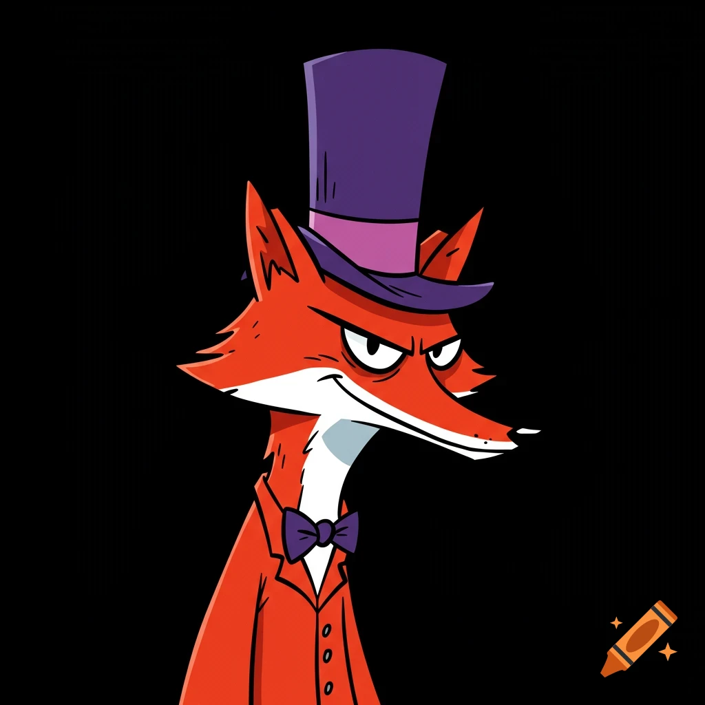 Cartoon red fox in suit, bow tie, and purple top hat against a black background, Ralph Steadman style.