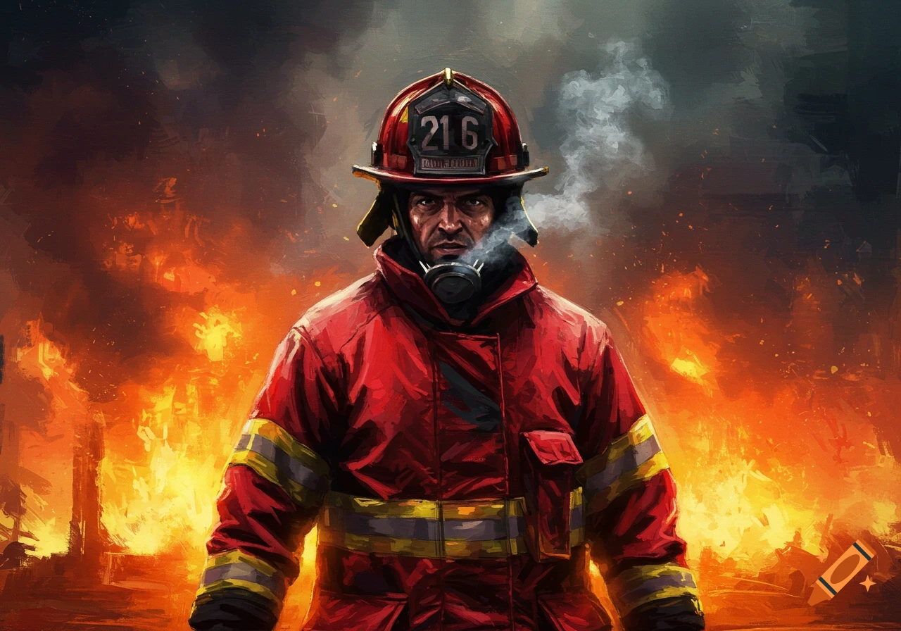 Digital painting of a firefighter in red gear standing in front of flames and smoke.