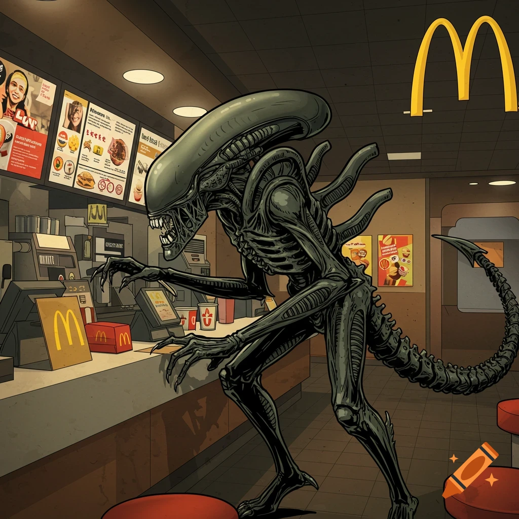 A Xenomorph creature stands at the counter inside a McDonald's restaurant in a comic book style.