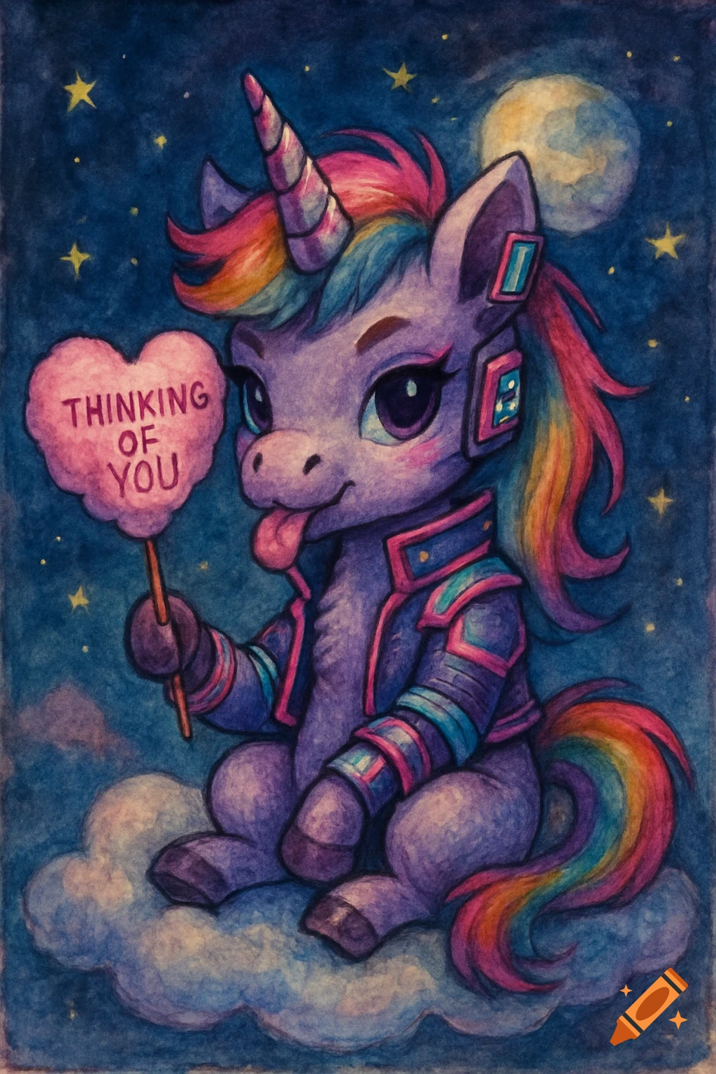 A kawaii purple unicorn with rainbow hair and a cyberpunk jacket sits on a cloud at night, holding a 'Thinking of You' heart-shaped cotton candy in a watercolor style.