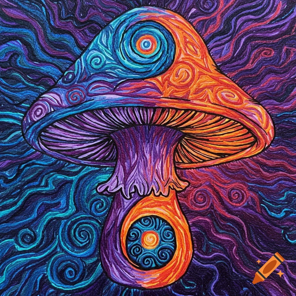 Psychedelic mushroom with swirling yin-yang patterns in blue, purple, and orange, in a needlepoint style.