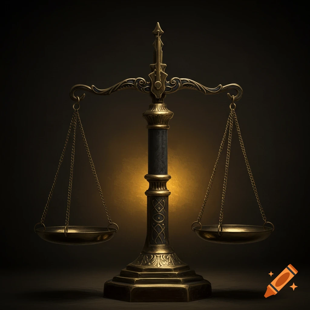 Ornate brass scale of justice on a dark background with golden backlighting.