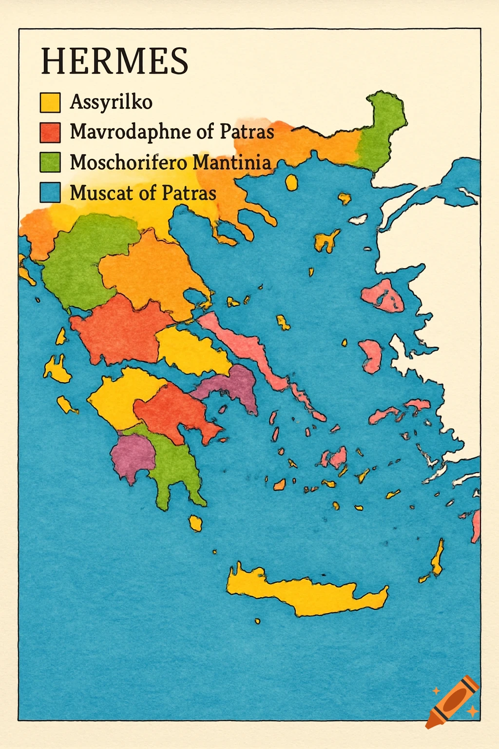 Colorful map of Greece with legend showing different wine regions.