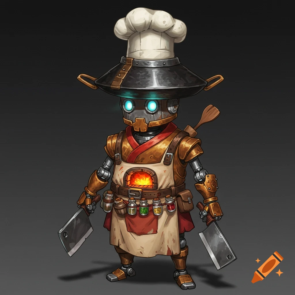 A small robot chef character with a wok hat, chest furnace, spice belt, and cleavers in a digital illustration.