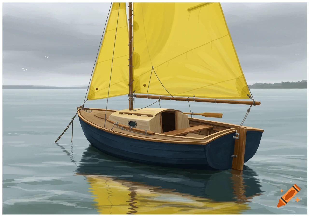 A small blue sailboat with a bright yellow sail sits on calm water in an illustrated style.