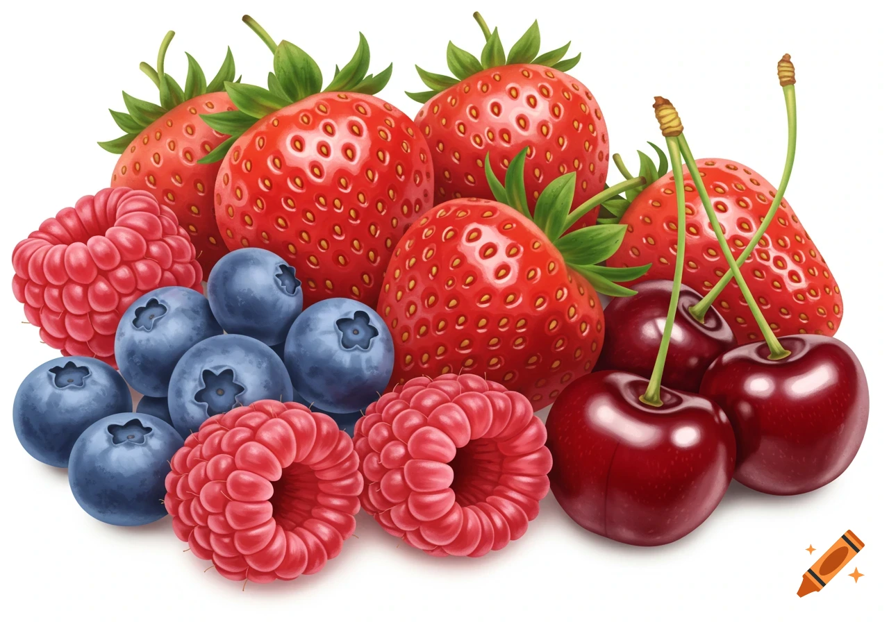 A photorealistic illustration of a pile of strawberries, blueberries, raspberries, and cherries on a white background.