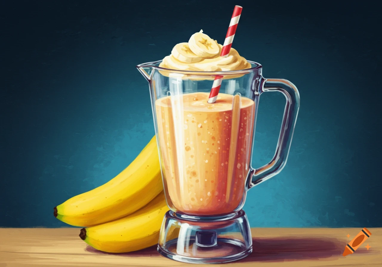 An illustration of a banana smoothie in a blender, topped with whipped cream and banana slices, with bananas beside it.