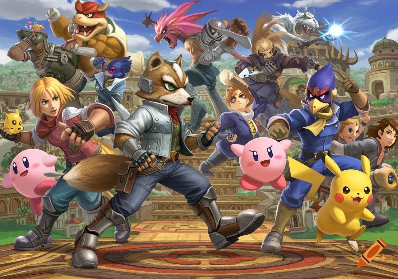 Dynamic illustration of Super Smash Bros. characters like Fox, Falco, Kirby, Pikachu, Bowser, and others on a stage.