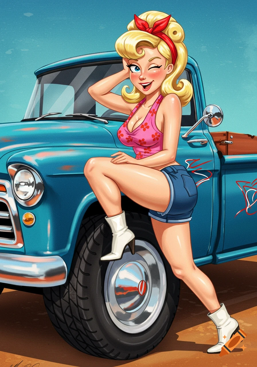 A pin-up style illustration of a blonde woman in shorts and a pink top posing on a blue pickup truck.