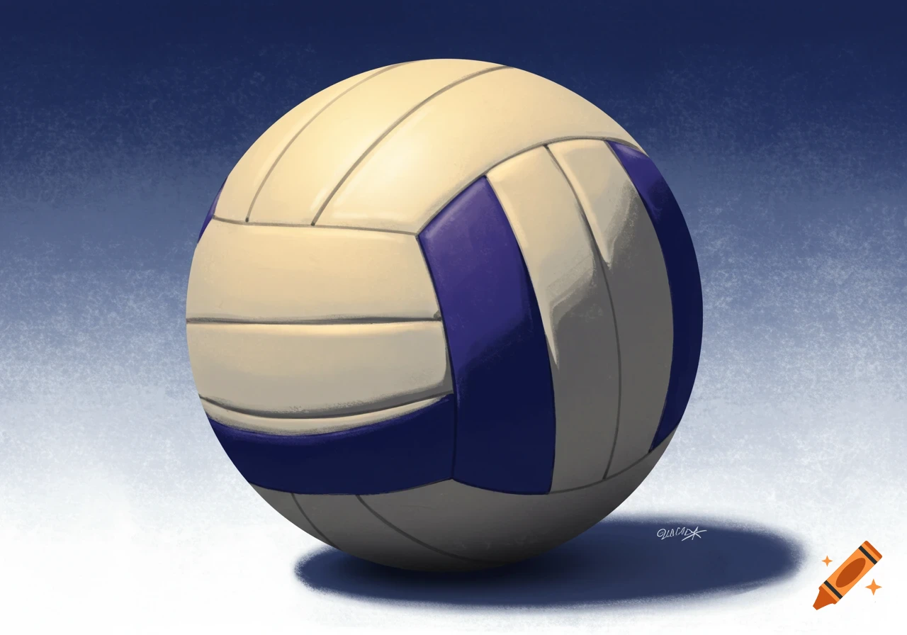 A blue and white volleyball is centered in a digital painting with a dark blue background.