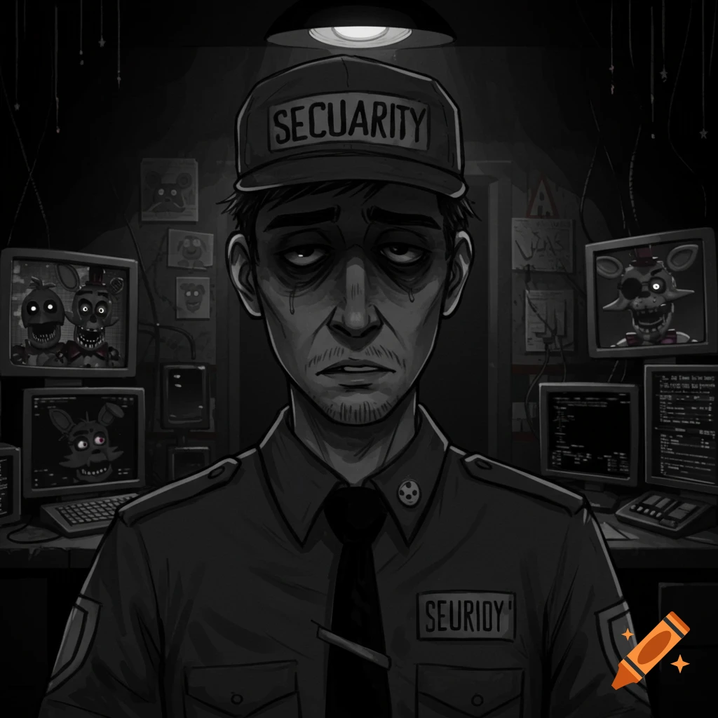 A tired security guard sits in a dark office, surrounded by monitors displaying animatronics, in a stylized grayscale illustration.