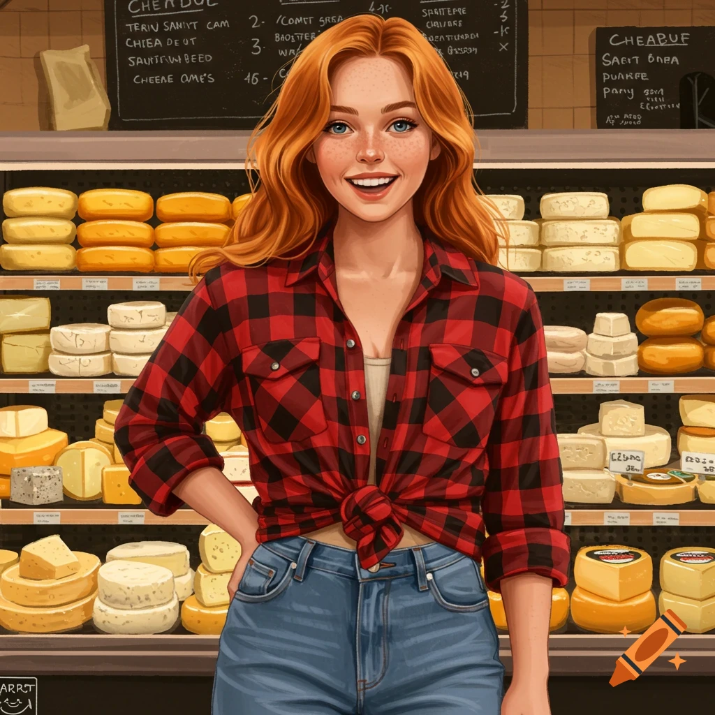 Redhead woman in red and black plaid shirt stands smiling in a cheese shop filled with shelves of cheese.