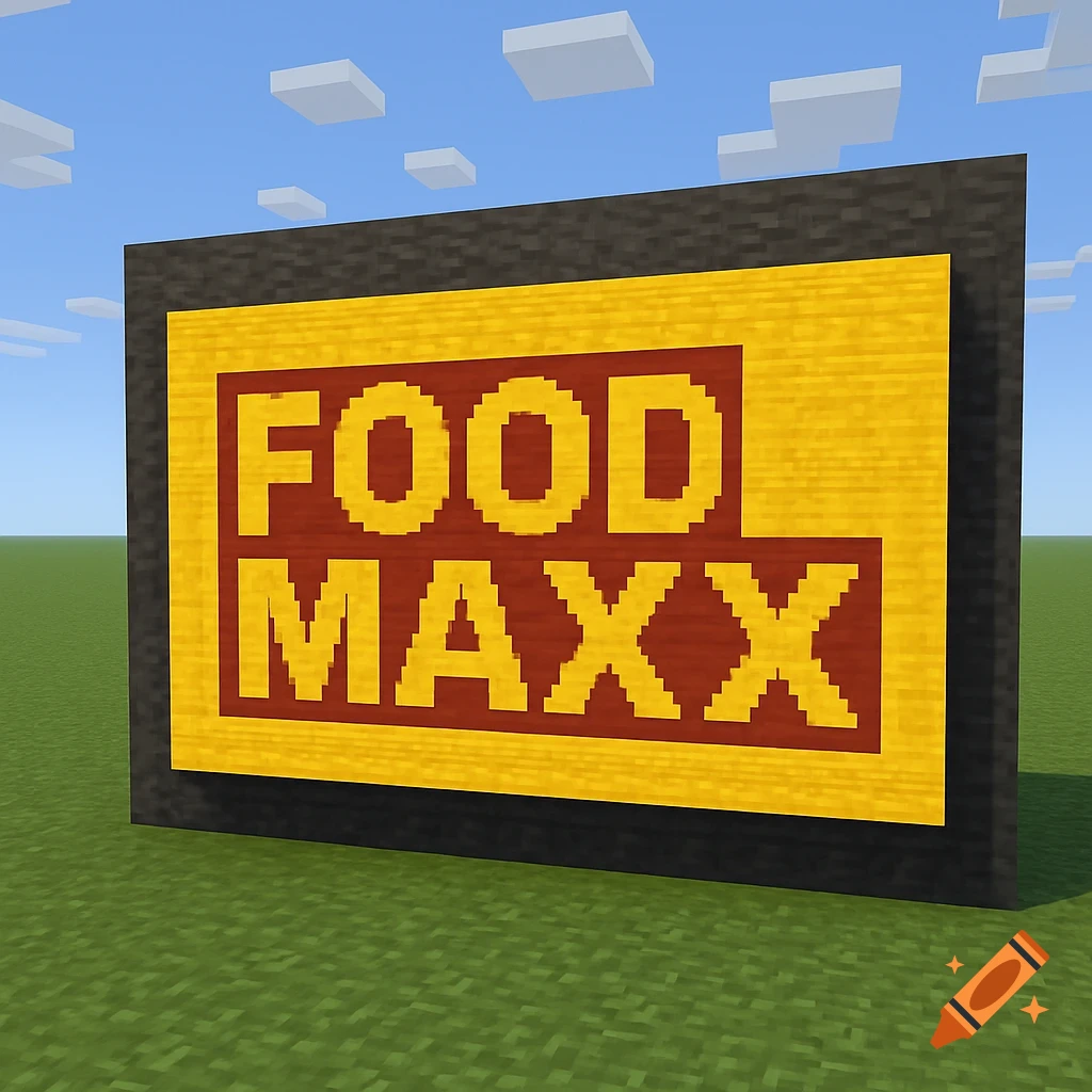 A large sign built out of blocks in a Minecraft-style world. The sign reads "FOOD MAXX" in yellow text on a brown background, bordered by yellow and black blocks.