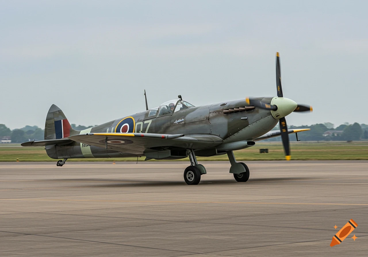 A Spitfire aircraft taxis on a runway.