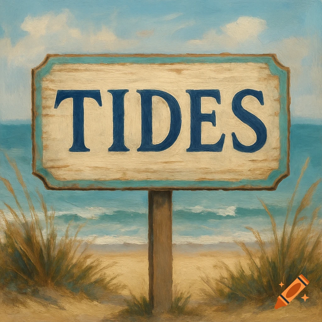 A weathered wooden sign reading TIDES stands on a sandy beach with dune grass, ocean, and sky, in a painterly style.