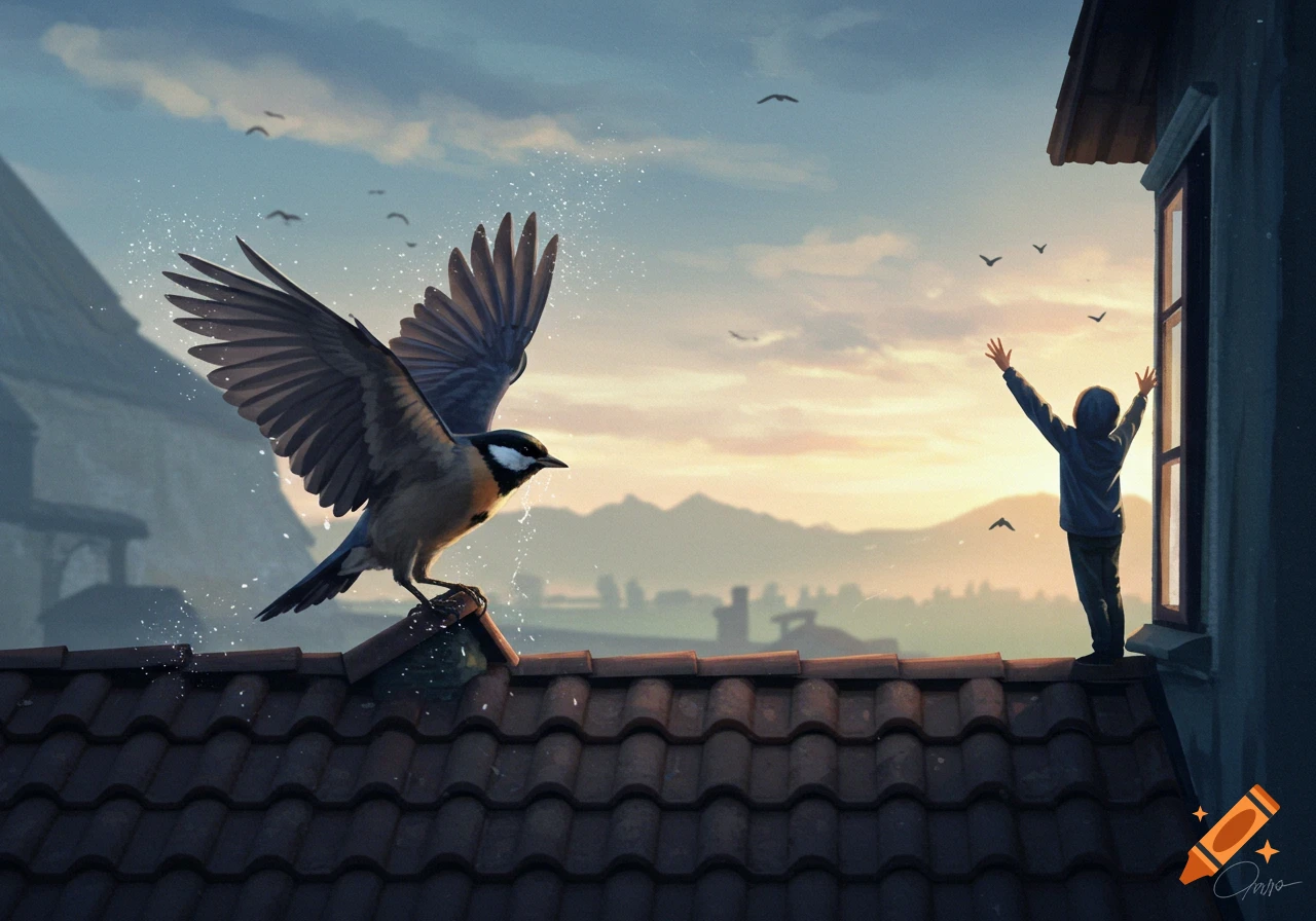 A bird perches on a rooftop, wings spread, with a person in a window below raising their arms to the sunrise in a digital painting.
